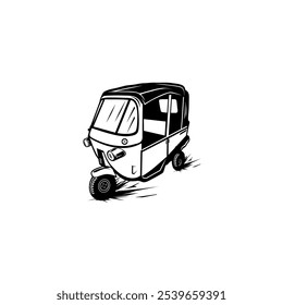 bajaj three-wheeled motorized vehicle black and white vector line art