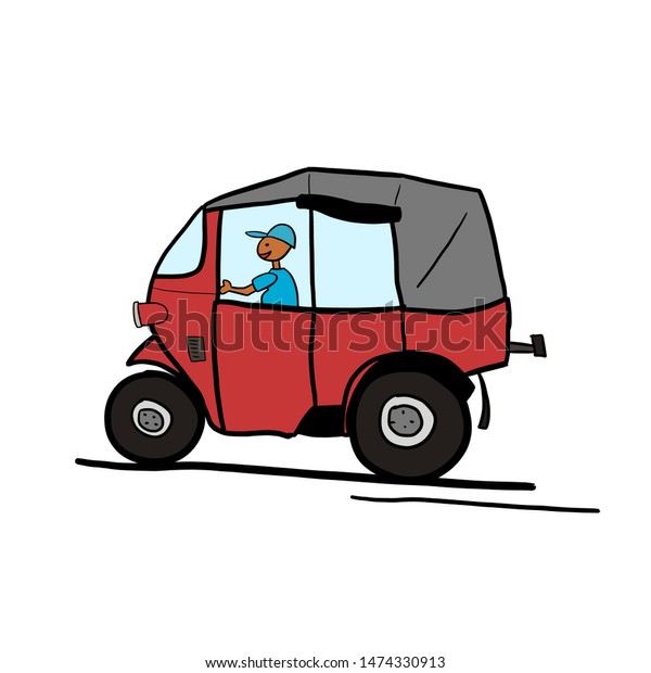 Bajaj, traditional public\
transportation vehicle of Indonesia. Old red cartoon bajaj with a\
driver, sketch. Childish isolated ink illustration on\
white.