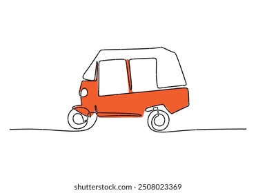 Bajaj Tuk Tuk Continuous Line Art. Simple line drawing of traditional Bangkok transportation.