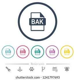 BAK file format flat color icons in round outlines. 6 bonus icons included.