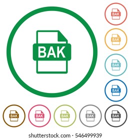 BAK file format flat color icons in round outlines on white background