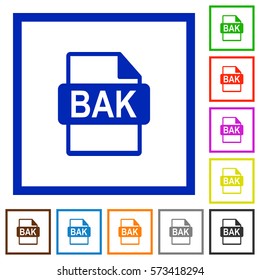 BAK file format flat color icons in square frames on white background