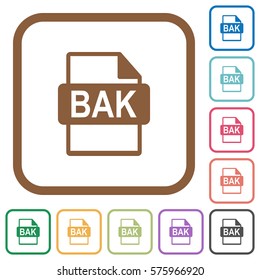 BAK file format simple icons in color rounded square frames on white background
