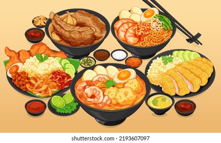 Bak Kut Teh singapore food menu close up. Chinese food hainanese chicken rice. Hokkien mee noodles singapore. Asian shrimps (prawns) laksa soup recipe. Nasi lemak rice cooker illustration vector.