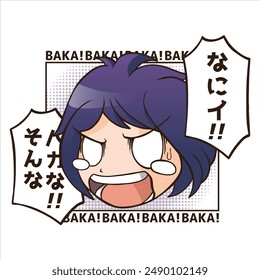 Baka Anime T-shirt Design - Funny t-shirt design that features an illustration of an anime character shouting the word "Baka". Can be used on t-shirts hoodies mugs posters and any other merchandise