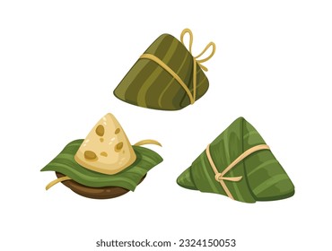 Bakcang aka Zongzi or Sticky Rice Dumpling Asian Food Symbol Set Cartoon illustration Vector 