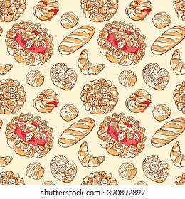 Bake bakery. Baking. Bakery products. Pastry. Baton, croissants, pretzel, bun, bread, cheesecake, cookies, cake, berry pie, shred-pie. Vector seamless pattern (background).