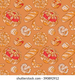 Bake bakery. Baking. Bakery products. Pastry. Baton, croissants, pretzel, bun, bread, cheesecake, cookies, cake, berry pie, shred-pie. Vector seamless pattern (background).