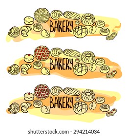 Bake bakery. Baking. Vector illustration (background), which shows the appetizing pastries: bun, bread, loaf, cheesecake, cookies, cake, berry pie, cake, pie with stuffing, croissant. Signboard, logo.