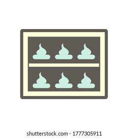 Bake bakery in electric convection oven vector icon. That dessert or sweet and machinery equipment in home kitchen, bakehouse, factory or industrial plant to preparing and cooking food by dry heat.