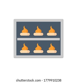 Bake bakery in electric convection oven vector icon. That dessert or sweet and machinery equipment in home kitchen, bakehouse, factory or industrial plant to preparing and cooking food by dry heat.