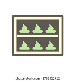 Bake bakery in electric convection oven vector icon. That dessert or sweet and machinery equipment in home kitchen, bakehouse, factory or industrial plant to preparing and cooking food by dry heat.