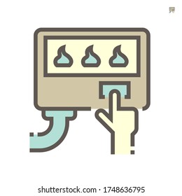 Bake bakery in electric oven vector icon. Product and machinery or equipment in food process, manufacturing or commercial production industry. Control by hand of professional chef or worker. 64x64 px.