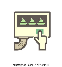 Bake bakery in electric oven vector icon. That product and machinery or equipment in food processing, manufacturing or commercial production industry. Control by hand of professional chef or worker.