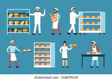 bake bread. chef preparing bakery food. Vector cartoon characters in baking production