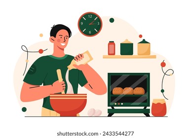 Das Brotkonzept backen. Bäckerei und Konditorei. Hausgemachte Produkte und Zubereitung von Speisen. Dessert und Delikatesse. Junger Mann in der Küche mit Teig. Cartoon flache Vektor-Illustration isoliert auf weißem Hintergrund