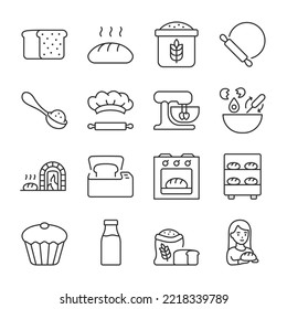 Bake bread icons set. Bakery, linear icon collection. Bread and baking equipment. Cooking. Line with editable stroke