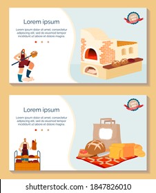 Bake bread vector illustration set. Cartoon flat bakery shop banner collection with baker chef characters in apron working, baking bread loaf in oven, selling baked pastry in store shop background
