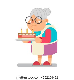 Bake complimentary cake Household Granny Old Lady Character Cartoon Flat Design Vector illustration