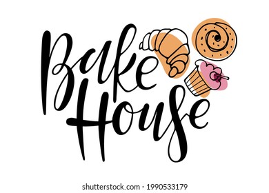 Bake House Calligraphy. Hand written brush Lettering for advertising, signboard, logotype, banner, card, design. Vector typography poster for bakery shops, cafe brand emblem isolated on white.