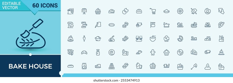 Bake house line icons set. Includes thin line out, premium, blender, Bakery, goods, spoon and more. Collection for mobile and web apps. Editable stroke. Vector illustration.