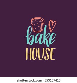 Bake House vector lettering logo, badge. Calligraphy with cookie Illustration on black background for prints, cards, posters, products packaging, branding.