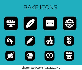 bake icon set. 12 filled bake icons. Included Baguette, Pizza, Rolling pin, Bread, Muffin, Biscuit, Pretzel, Oven icons