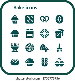 bake icon set. 16 filled bake icons.  Simple modern icons such as: Muffin, Pizza, Pretzel, Sourdough, Cupcake, Oven, Bread