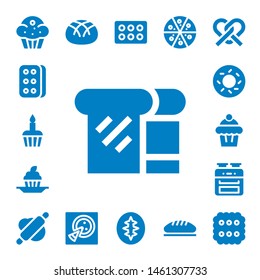 bake icon set. 17 filled bake icons.  Collection Of - Muffin, Biscuit, Cupcake, Bread, Bagel, Oven, Rolling pin, Pizza, Sourdough, Pretzel