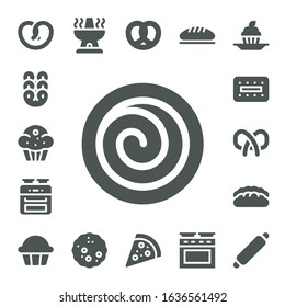 bake icon set. 17 filled bake icons.  Simple modern icons such as: Pretzel, Muffin, Cinnamon roll, Oven, Biscuit, Bread, Cupcake, Pizza, Rolling pin