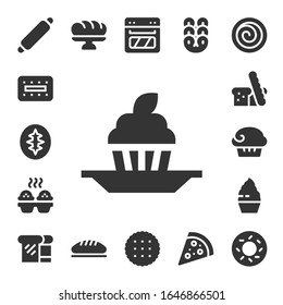bake icon set. 17 filled bake icons. Included Rolling pin, Biscuit, Sourdough, Cupcake, Bread, Muffin, Baguette, Oven, Pretzel, Pizza, Cinnamon roll, Bagel icons