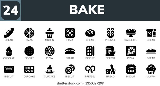 bake icon set. 24 filled bake icons.  Simple modern icons about  - Bread, Pizza, Muffin, Pretzel, Baguette, Cupcake, Biscuit, Beater