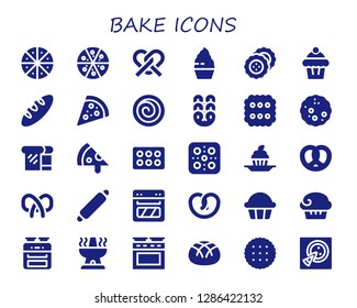  bake icon set. 30 filled bake icons. Simple modern icons about  - Pizza, Pretzel, Cupcake, Biscuit, Muffin, Bread, Cinnamon roll, Rolling pin, Oven
