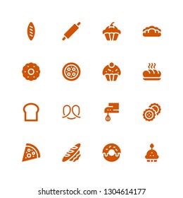 bake icon set. Collection of 16 filled bake icons included Cupcake, Donut, Bread, Pizza, Biscuits, Beater, Pretzel, Baguette, Biscuit, Rolling pin