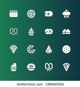 bake icon set. Collection of 16 filled bake icons included Pizza, Pretzel, Donut, Cupcake, Bun, Bakery, Biscuit