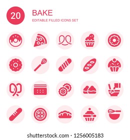 bake icon set. Collection of 20 filled bake icons included Donut, Pizza, Pretzel, Cupcake, Biscuit, Whisk, Baguette, Bread, Biscuits, Bun, Mixed, Beater