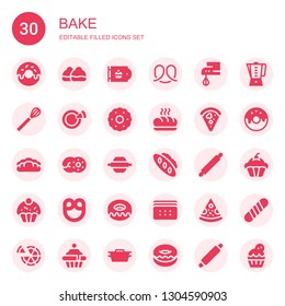 bake icon set. Collection of 30 filled bake icons included Donut, Bun, Bakery, Pretzel, Beater, Whisk, Pizza, Biscuit, Baguette, Bread, Rolling pin, Cupcake, Dutch oven