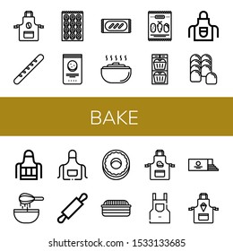 bake icon set. Collection of Apron, Baguette, Bagel, Chocolate chip, Bread, Dough, Mix, Muffin, Rolling pin, Donut, Loaf icons