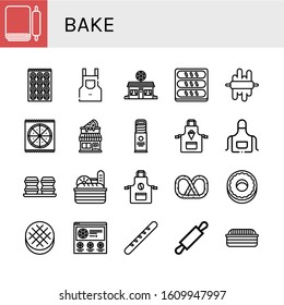 bake icon set. Collection of Dough, Bagel, Apron, Pizza shop, Bread, Pizza, Biscuit, Macaroons, Pretzel, Donut, Round bread, Baguette, Rolling pin icons