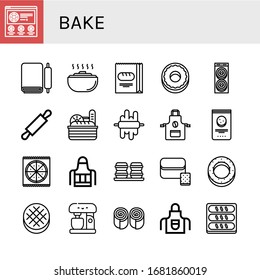 bake icon set. Collection of Pizza, Dough, Bread, Donut, Rolling pin, Apron, Chocolate chip, Macaroons, Bagel, Round bread, Mixer, Bun icons