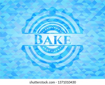 Bake realistic light blue emblem. Mosaic background