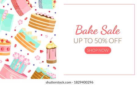 Bake Sale Landing Page Template with Tasty Cakes Pattern, Bakery Shop Sweet Desserts Special Offer, Cafe Menu Design Vector Illustration