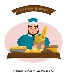 Bake sale vendor selling his products in small market. Baker selling bakery products. The concept of small spontaneous markets. Flat vector illustration.
