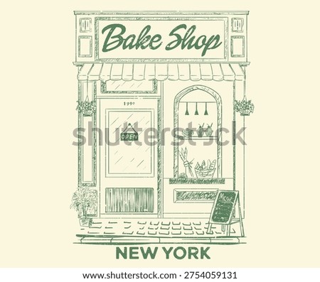 Bake shop hand sketch. Coffee house vector design. Street cafe graphic print design for t shirt, apparel, posters, background and others.