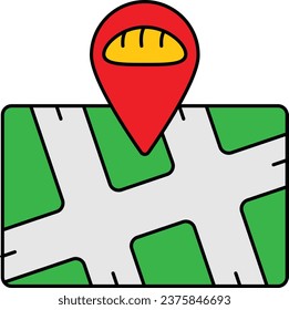Bake Shop Navigation concept, Bread Maker Ping Location on Map vector icon design, Bakery and Baked Goods symbol, Culinary and Kitchen Education sign, Recipe development stock illustration