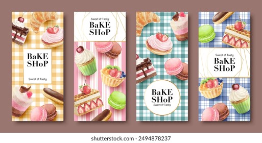 Plantilla de historias de medios sociales de Bake Shop. Ilustraciones vectoriales de acuarela de postre de moda en fondos de mantel vintage.