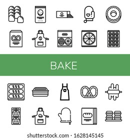 bake simple icons set. Contains such icons as Bread, Pretzel, Chocolate chip, Apron, Loaf, Donut, Oven mitt, Pizza, Bagel, Muffin, Dough, can be used for web, mobile and logo