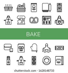 Bake Simple Icons Set. Contains Such Icons As Muffin, Apron, Bread, Mixer, Chocolate Chip, Pretzel, Dough, Pizza, Biscuit, Oven Mitt, Donut, Can Be Used For Web, Mobile And Logo