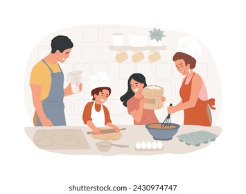 Bake together isolated concept vector illustration. Family fun during quarantine, home sitting ideas, spending time together during isolation, adults baking with children vector concept.
