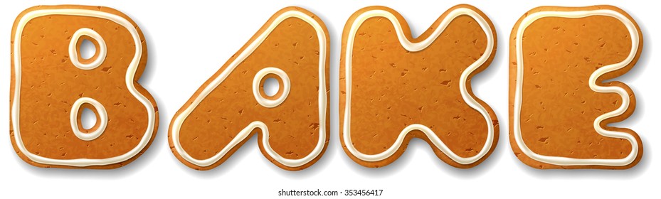 Bake. Vector inscription, decorated white icing, isolated on white